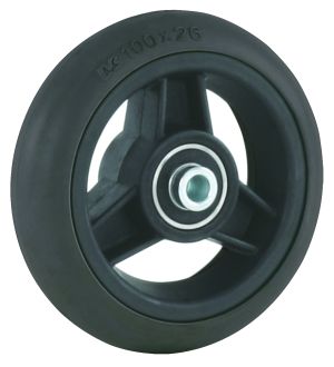 Front wheelchair wheel 4'', D100x26mm, plastic, with 3 spokes, 8 mm axle hole, 45 mm hub, round black solid rubber tyre