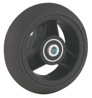 Front wheelchair wheel 4'', D100x32mm, plastic, with 3 spokes, 8 mm axle hole, 39 mm hub, round grey solid rubber tyre