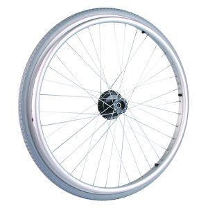 Drum brake wheel 22'', d12 mm bearing, alum. rim, alum. anodized with rivenuts pushrim, grey pneumatic tyre with tube