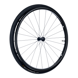 Rear wheel OMOBIC DAYLITE 25'', d1/2'' bearing, black aluminium rim, black alu. pushrim, black pneumatic tyre, tube