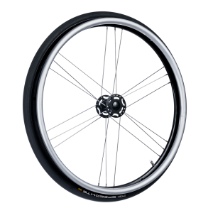 Rear wheel OMOBIC HURRICANE 24'', 6 x 3 spokes, d1/2'' bearing, black rim, silver alum.pushrim, bl. tube and tyre